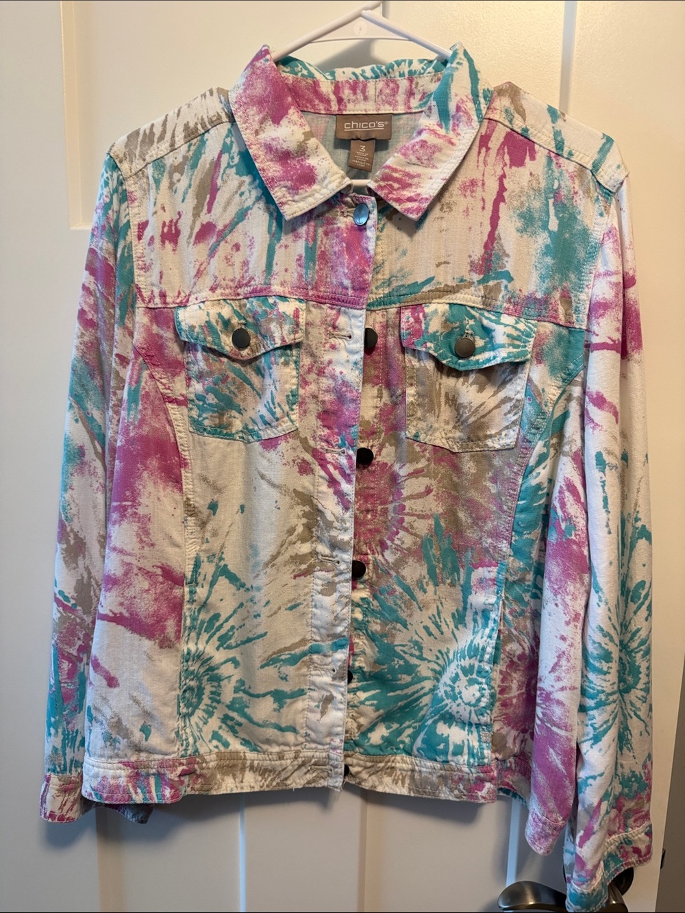 Chico's Tie-Dye Style Denim Jacket in Teal, Pink & Beige
